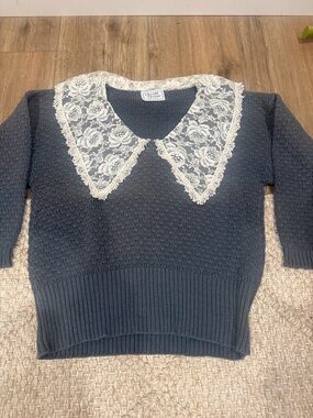 Cottage core Herald House  Collar Textured Sweater - Slate Blue